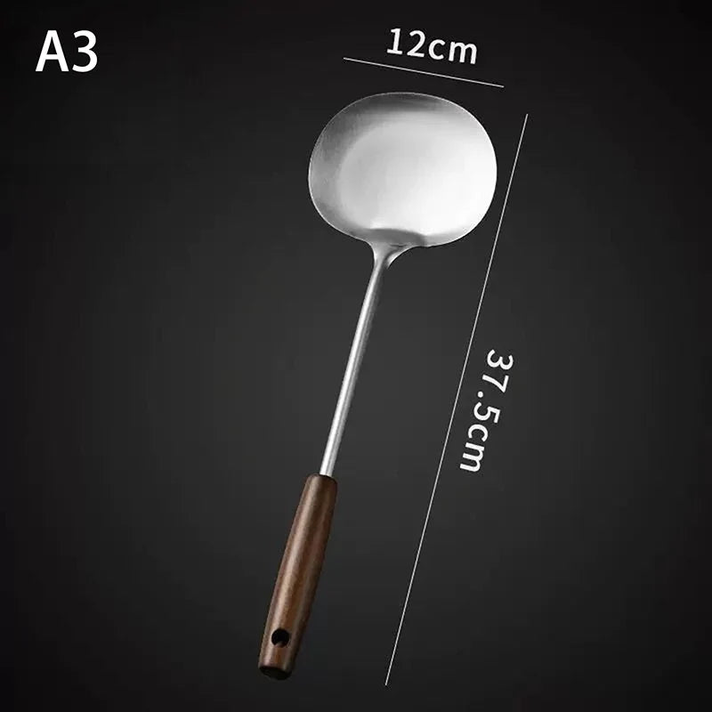 Long Handle Mushroom Shovel Kitchen Cooking Utensils Stainless Steel Wok Spatula Chef-specific Cooking Spoon Wooden
